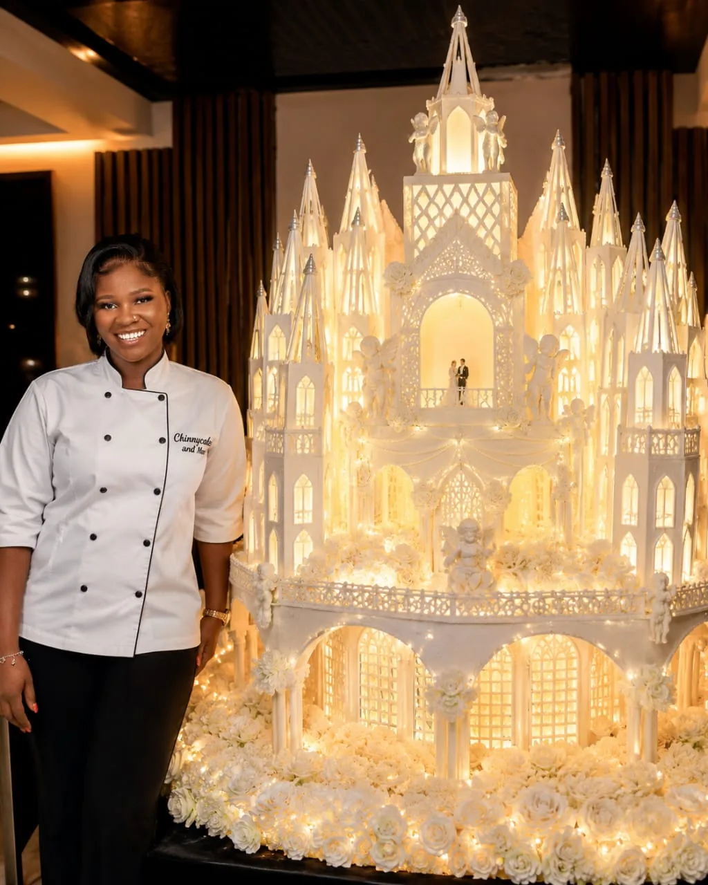 Chinny Cakes & More baker beside an elaborate illuminated castle-style wedding cake